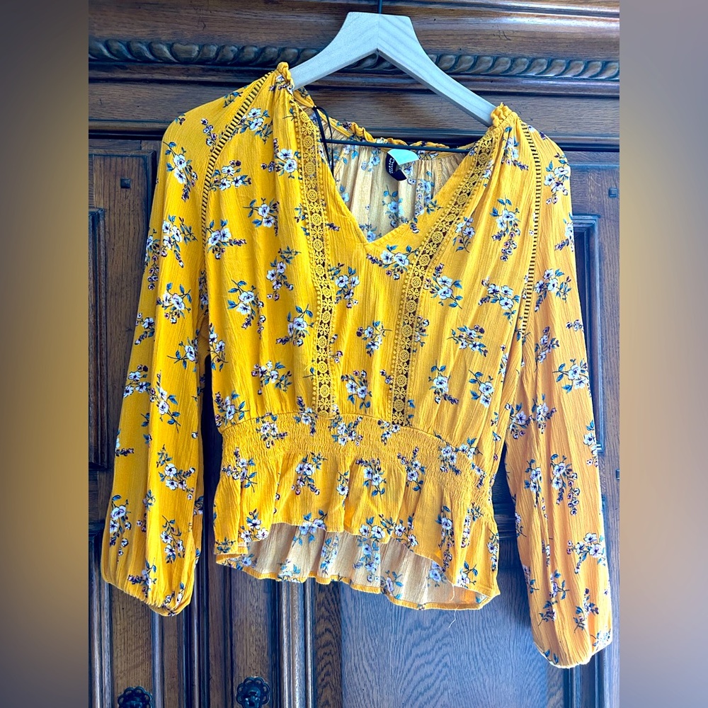 Women’s Mustard Yellow Flower Print Peasant Top